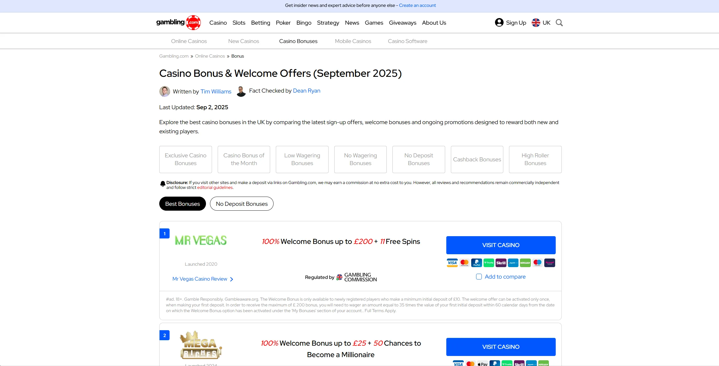 Screenshot of Gambling.com – Casino Bonus & Welcome Offers